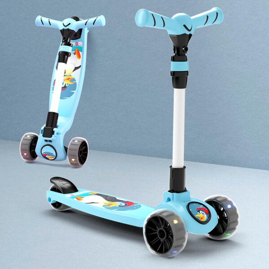 Chanak 3-Wheel Kick Scooter for Kids 5+ Years | LED Wheels, Foldable, 4-Height Adjustable – BIS Approved (Black-Blue)