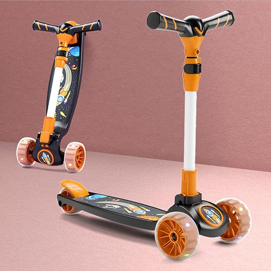Chanak 3-Wheel Kick Scooter for Kids 5+ Years | LED Wheels, Foldable, 4-Height Adjustable – BIS Approved (Orange-Black)