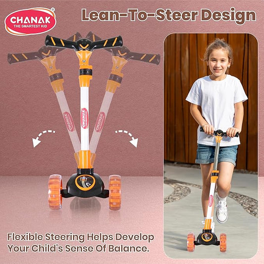 Chanak 3-Wheel Kick Scooter for Kids 5+ Years | LED Wheels, Foldable, 4-Height Adjustable – BIS Approved (Orange-Black)