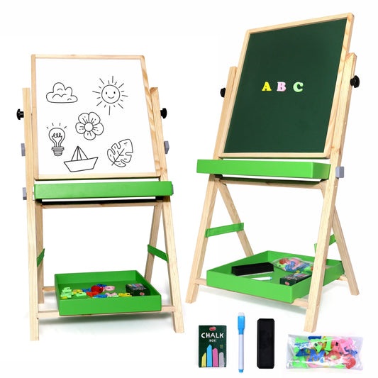 Chanak 2-in-1 Wooden Easel Board for Kids 3+ Years | Magnetic Whiteboard & Chalkboard with Alphabets & Numbers – BIS Approved