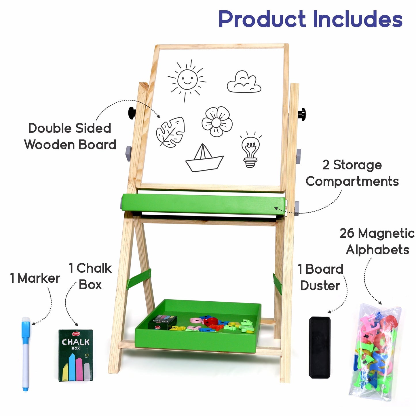 Chanak 2-in-1 Wooden Easel Board for Kids 3+ Years | Magnetic Whiteboard & Chalkboard with Alphabets & Numbers – BIS Approved