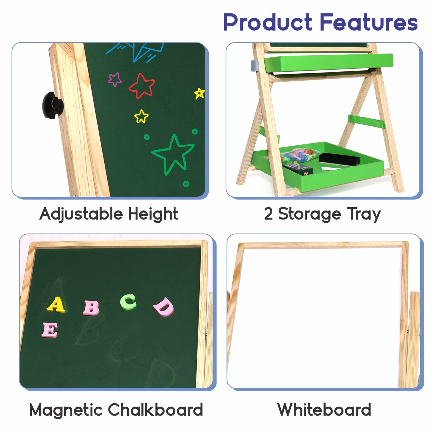 Chanak 2-in-1 Wooden Easel Board for Kids 3+ Years | Magnetic Whiteboard & Chalkboard with Alphabets & Numbers – BIS Approved