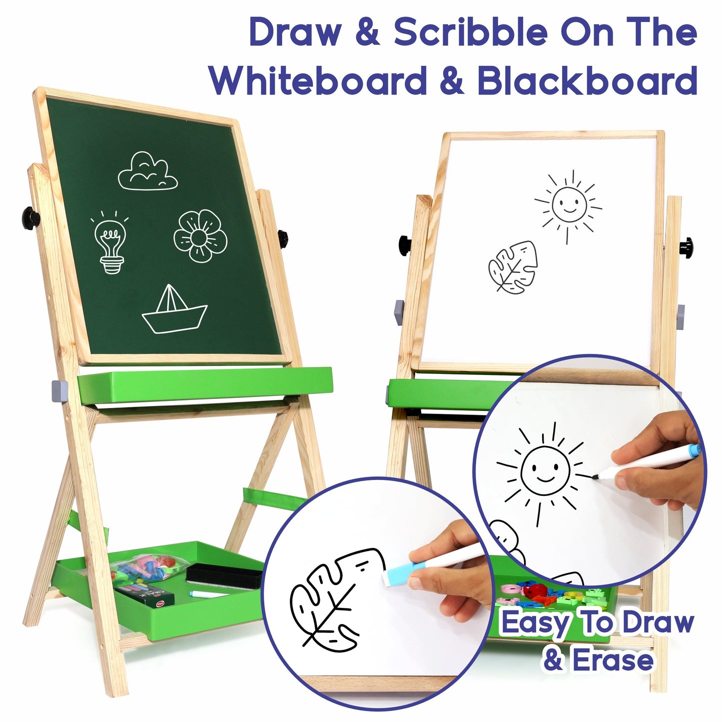 Chanak 2-in-1 Wooden Easel Board for Kids 3+ Years | Magnetic Whiteboard & Chalkboard with Alphabets & Numbers – BIS Approved