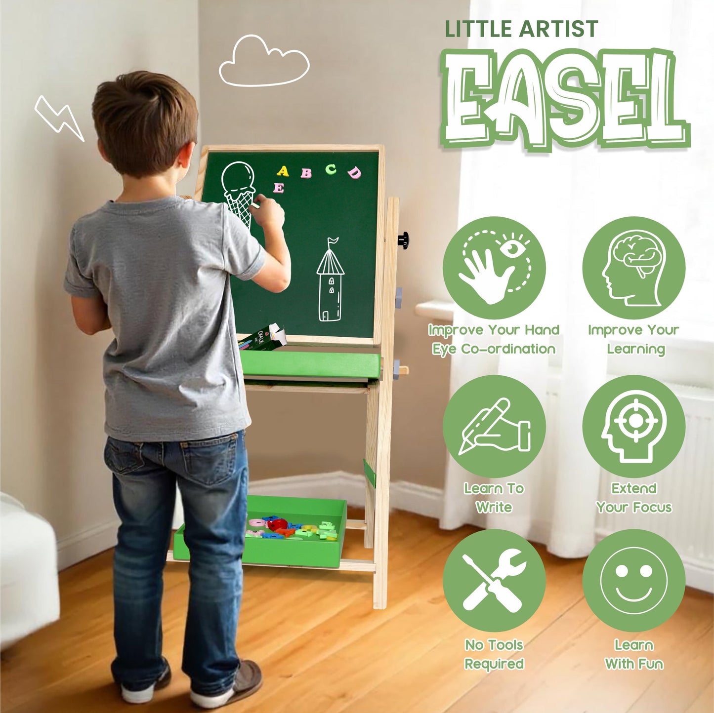 Chanak 2-in-1 Wooden Easel Board for Kids 3+ Years | Magnetic Whiteboard & Chalkboard with Alphabets & Numbers – BIS Approved