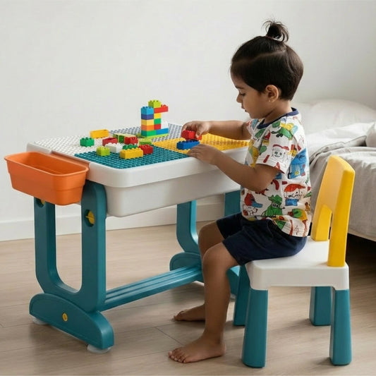 Chanak 4-in-1 Study Table with Chair for Kids 3-7 Years | Multifunctional Desk for Study, Drawing & Building Blocks – BIS Approved